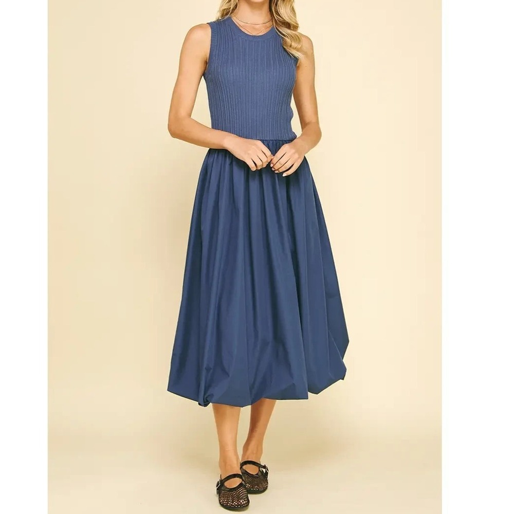 PINCH Deep Slate Blue Bubble Hem Midi Dress Size S